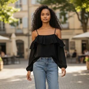 🔥NWT sundays cold shoulder ruffle sweatshirt in black